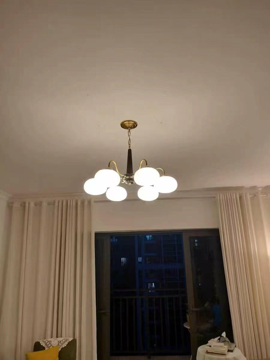 Customer photo review of Walnut Chandelier, Cream Glass Shades on Brass Arms, 3 to 6 Lights