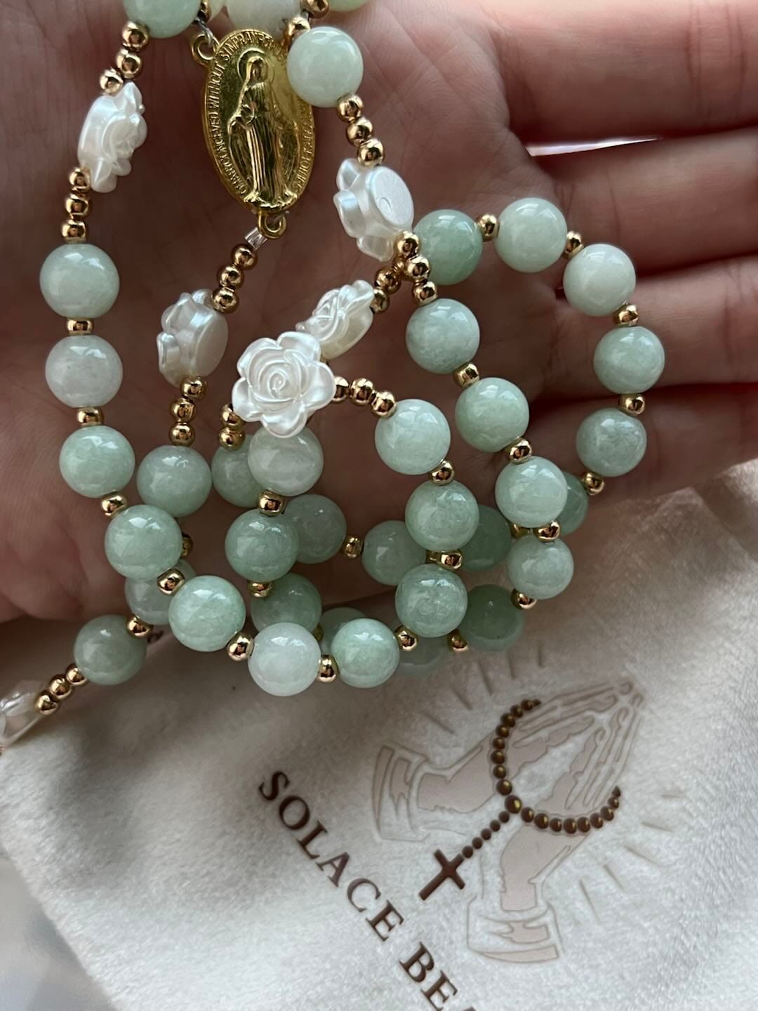 Customer photo review of Solacebeads Verdant Grace Green Jade Rosary With Gold Accents & Crucifix: Rooted In Timeless Calm