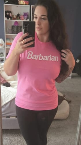 Customer photo review of Pink Rage Barbarian T-Shirt