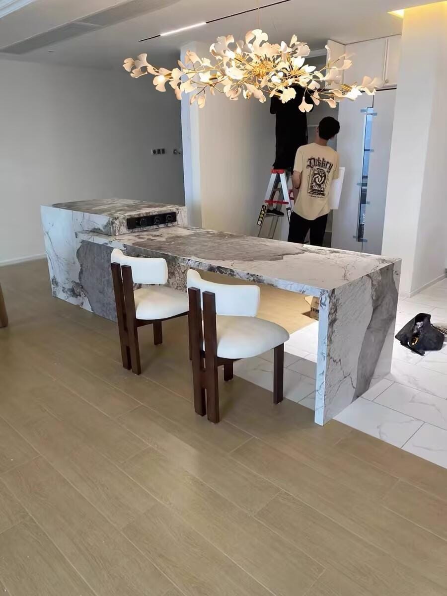 Customer photo review of Linear Chandelier, White Porcelain Ginkgo Leaves, Brass Branches, G9