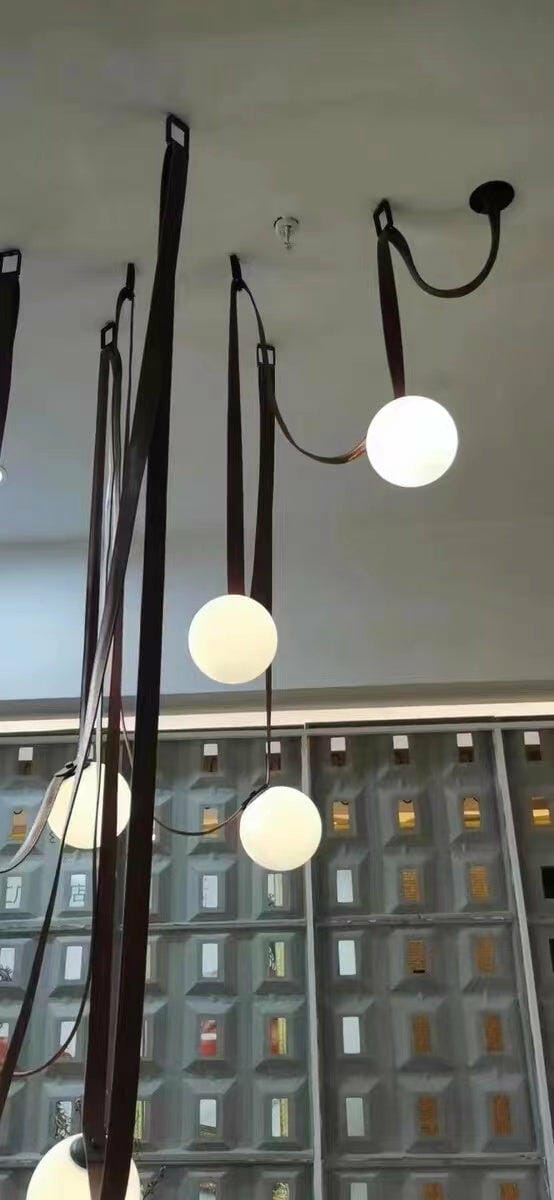 Customer photo review of Multiple Belt Art Pendant Light, Leather or Canvas Glass Globe Chandelier