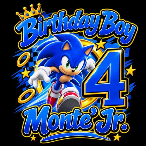 Customer's printed DTF transfer featuring a cartoon hedgehog, crown, and birthday text for a fourth birthday.