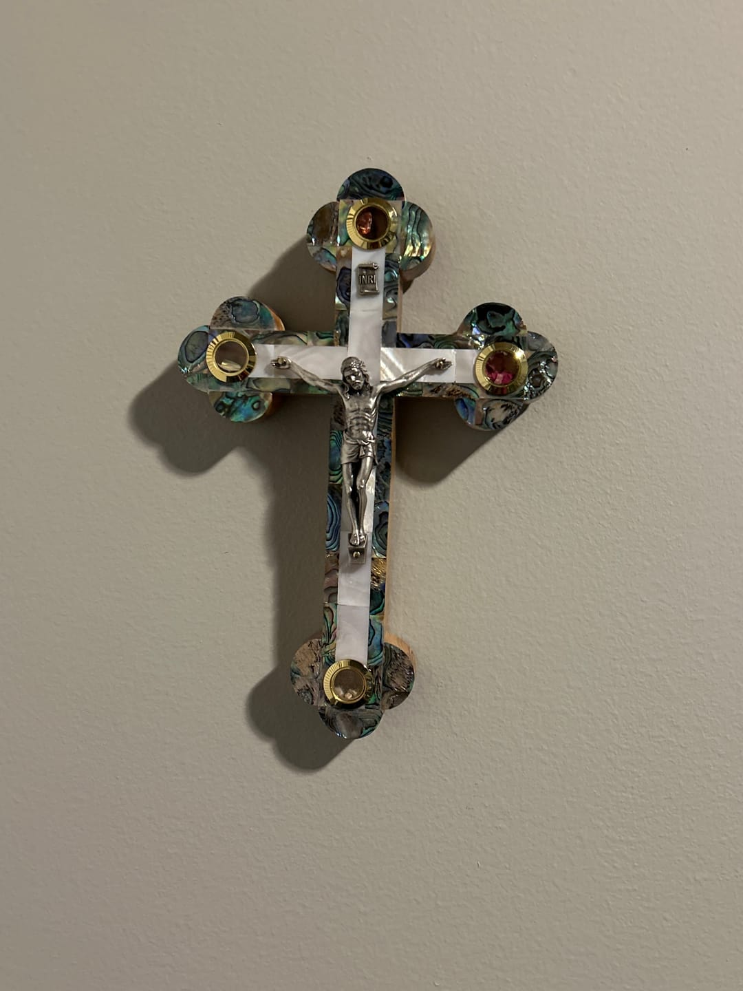 Customer photo review of Olive Wood Crucifix (Fully covered with Mother of Pearl) - Holy Land Crucifixes