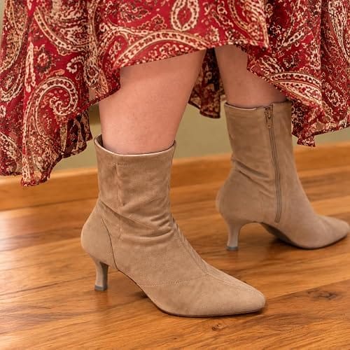 Customer photo review of Coutgo Womens Suede Light Brown Kitten Heel Booties