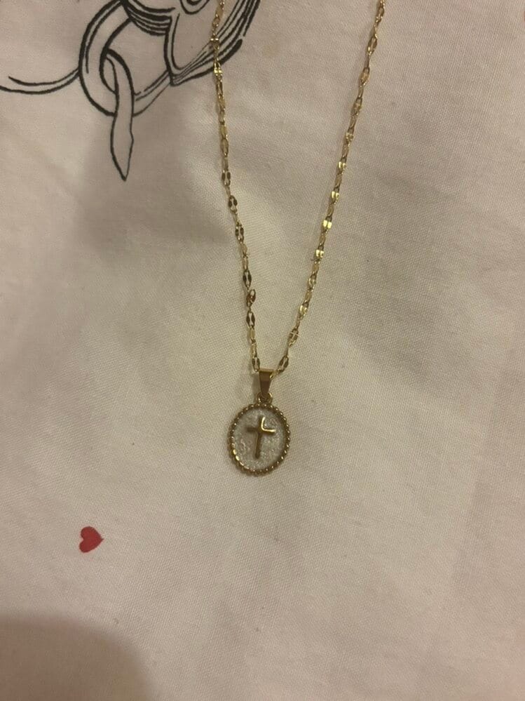 Customer photo review of Pastel Oval Cross Necklace