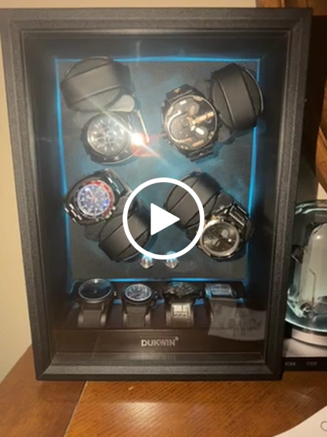 Customer video review of 8 + 4 Watch Winder with Extra Storages Aurora Blue Light Quiet Motors - Black
