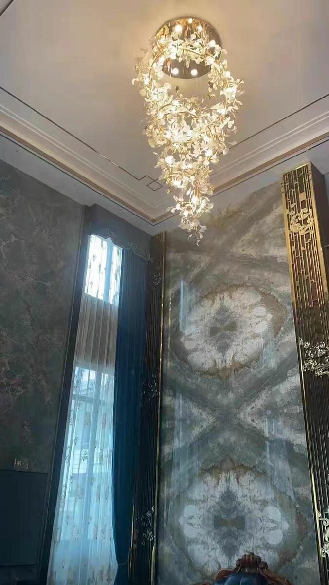 Customer photo review of Gingko Chandelier With Wrapped Porcelain Petals, Brass Column, 4 Sizes