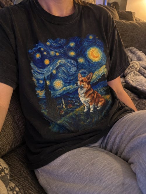 Customer photo review of Starry Night Corgi T-Shirt