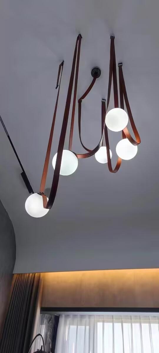 Customer photo review of Multiple Belt Art Pendant Light, Leather or Canvas Glass Globe Chandelier