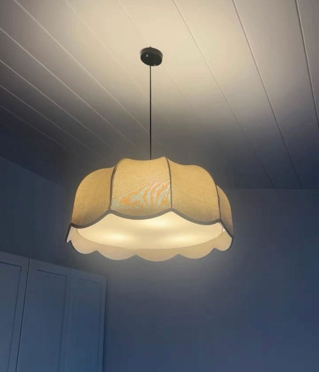 Customer photo review of Cream Fabric Pendant Light, Scalloped Petals, 3-Light, 45-60 cm