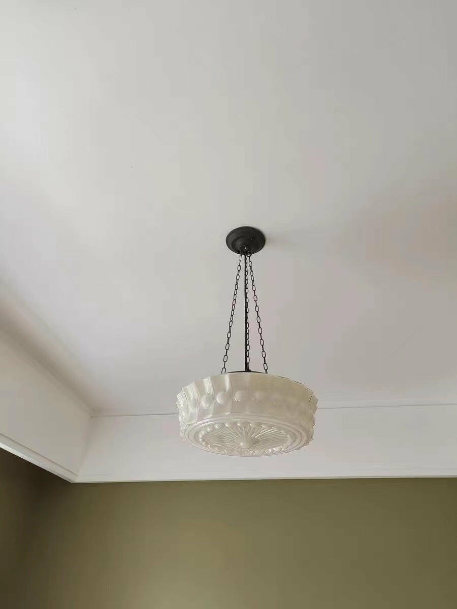 Customer photo review of Milk Glass Pendant Light, Moulded Drum Shade, 3 Chains, 36 cm