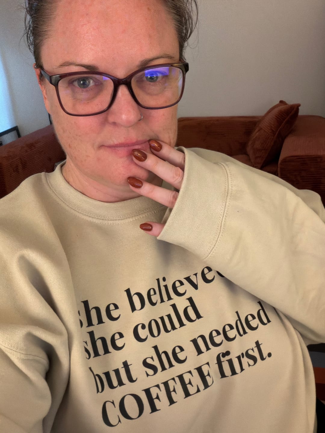 Customer photo review of She Needed Coffee First Unisex Sweatshirt