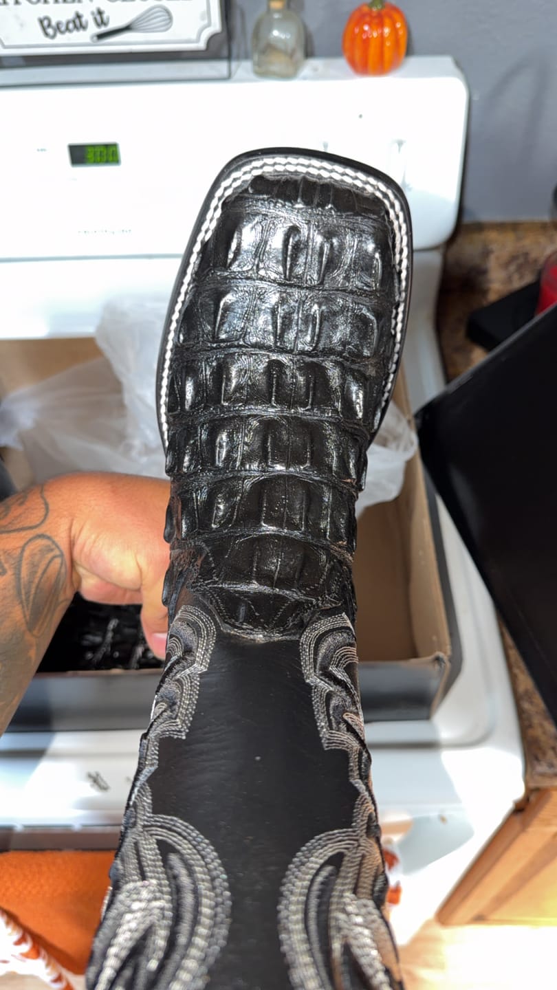 Customer photo review of Black Caiman Hornback Leather Boots - Square Toe