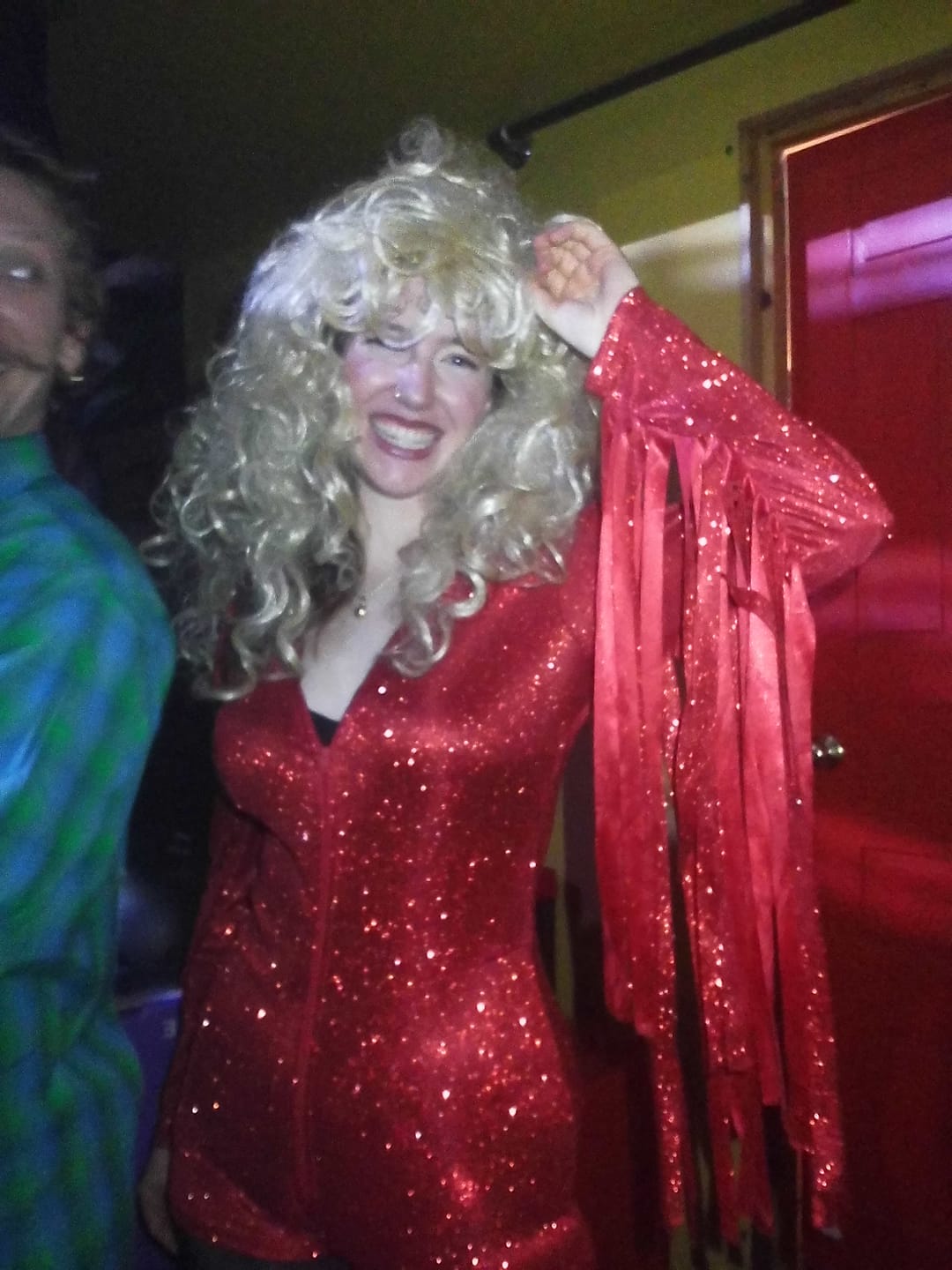 Customer photo review of Glitter Fringe Romper in Holiday Red