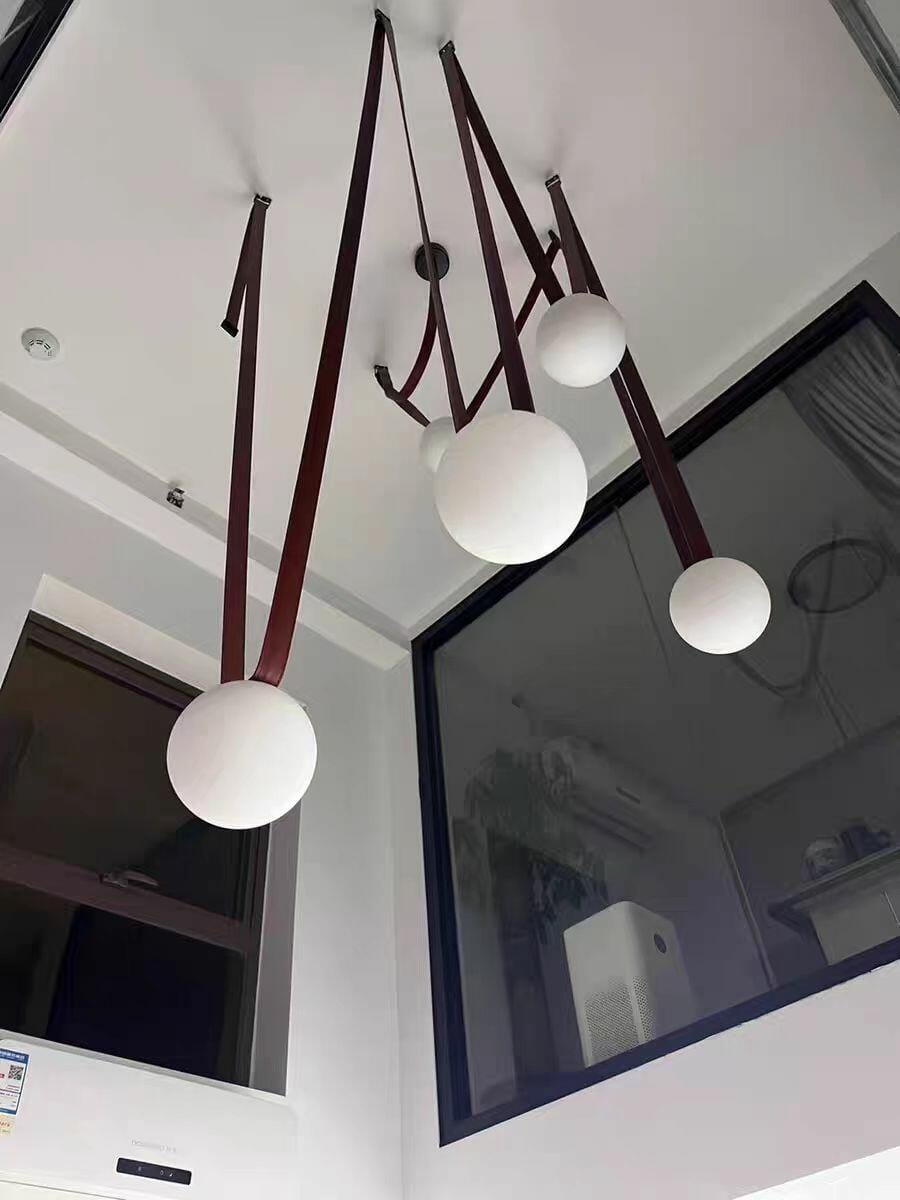 Customer photo review of Multiple Belt Art Pendant Light, Leather or Canvas Glass Globe Chandelier