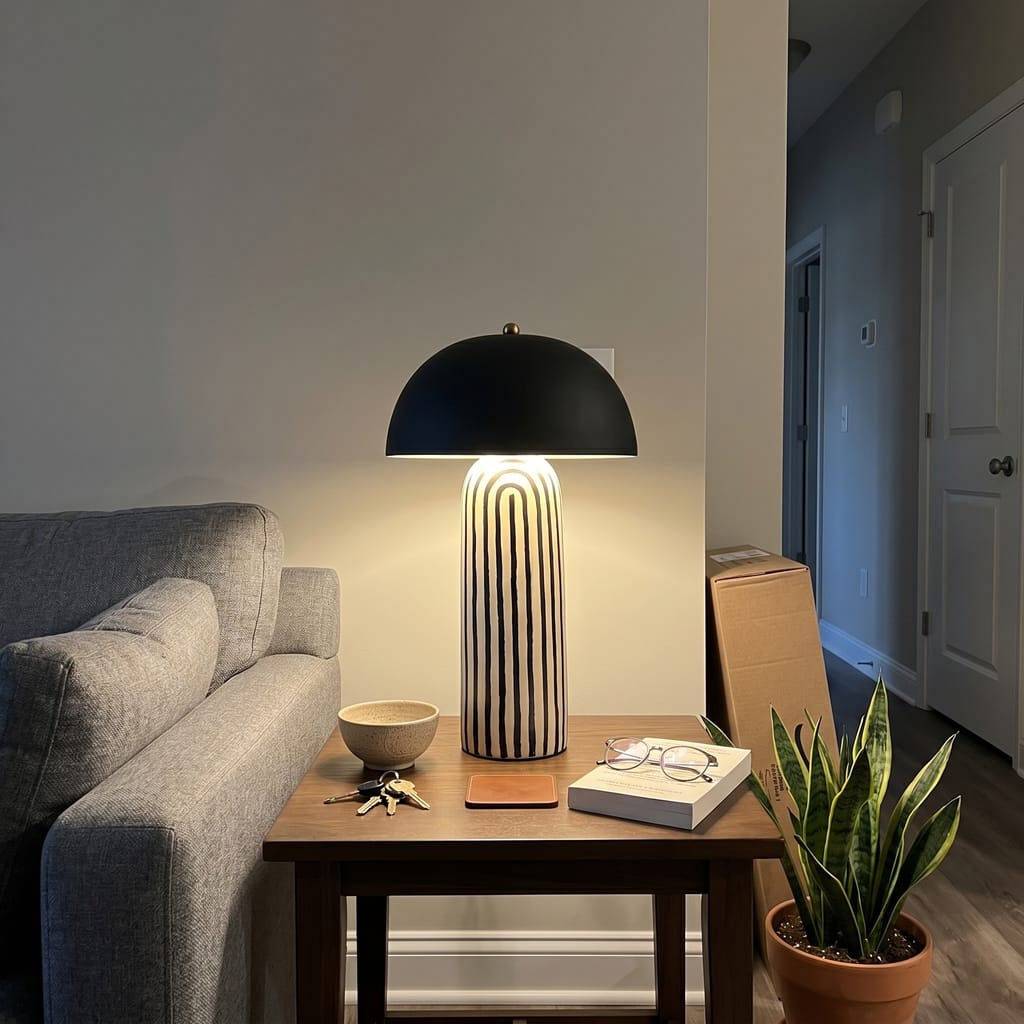 Customer photo review of Ceramic Table Lamp, Black and White Stripes, Matte Black Shade