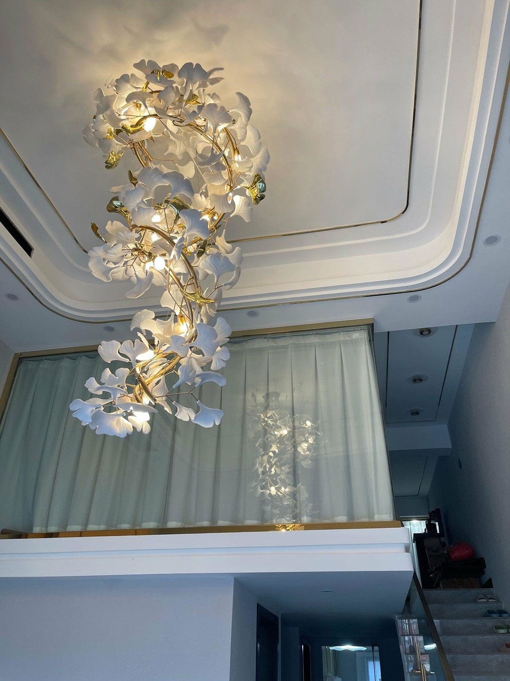 Customer photo review of Gingko Chandelier With Wrapped Porcelain Petals, Brass Column, 4 Sizes