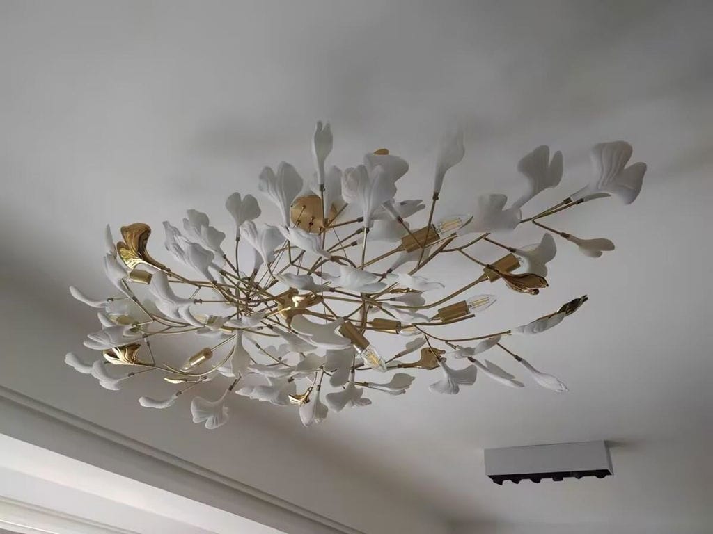 Customer photo review of Linear Chandelier, White Porcelain Ginkgo Leaves, Brass Branches, G9