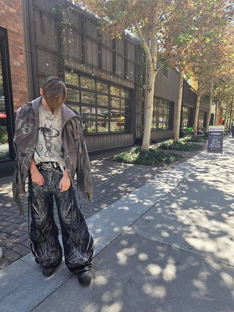 Customer photo review of Deconstructed Flared Patchwork Denim Jeans Black
