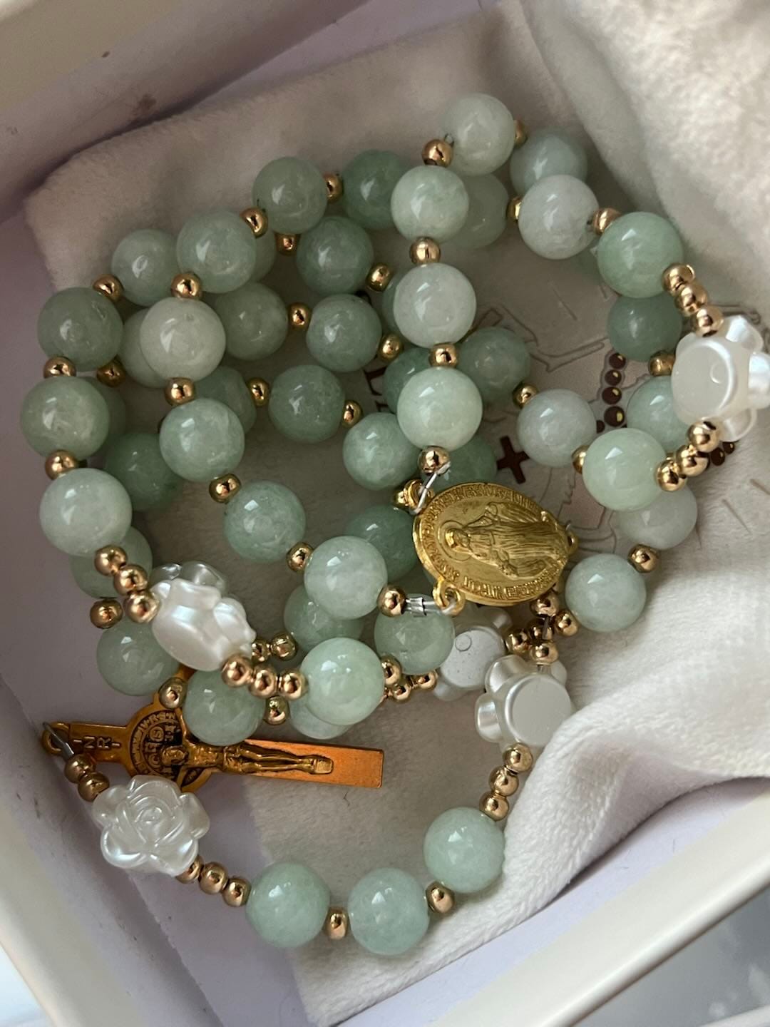 Customer photo review of Solacebeads Verdant Grace Green Jade Rosary With Gold Accents & Crucifix: Rooted In Timeless Calm