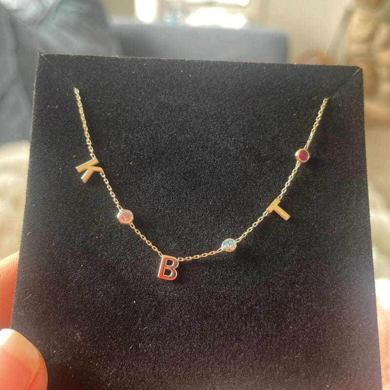 Customer photo review of 14K Gold Birthstone Letter Necklace