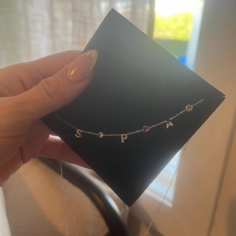Customer photo review of 14K Gold Birthstone Letter Necklace