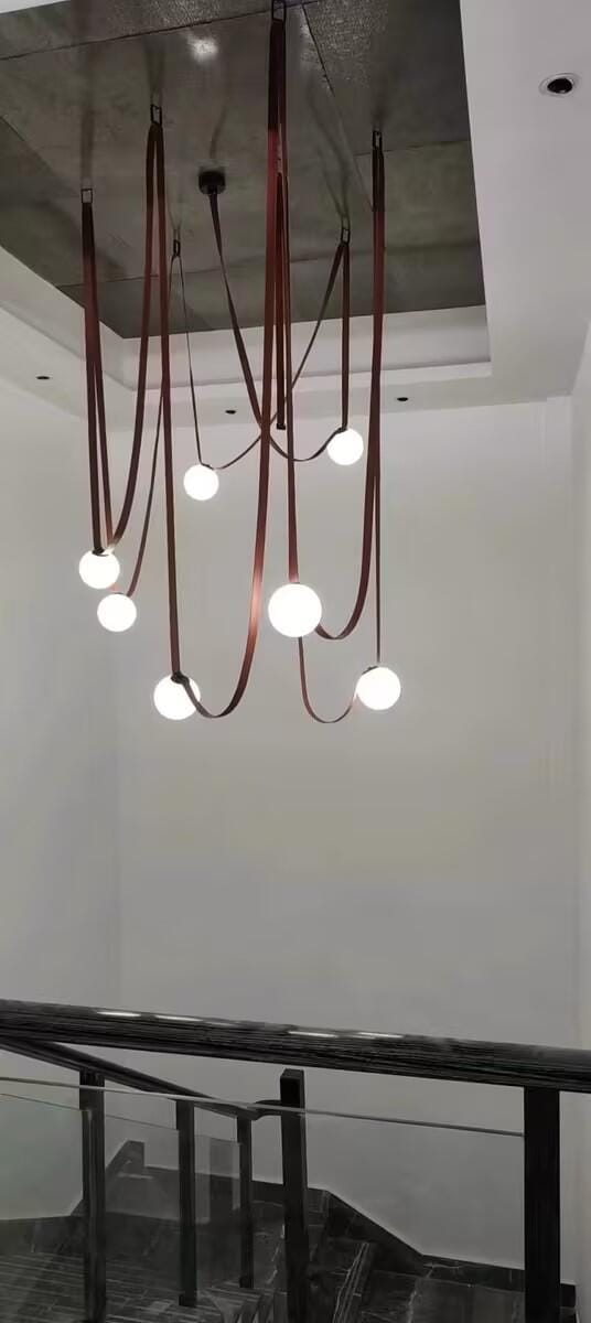 Customer photo review of Multiple Belt Art Pendant Light, Leather or Canvas Glass Globe Chandelier