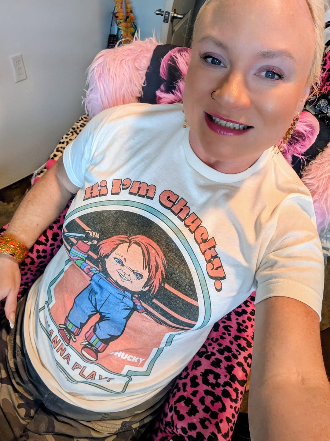 Customer photo review of Licensed Chucky "Wanna Play?" Graphic Tee