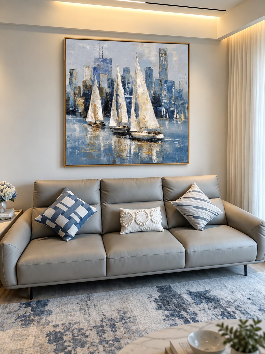 Customer photo review of "Sailing the Skyline" – Modern Impressionist Blue and Gold Sailboat Palette Knife Painting