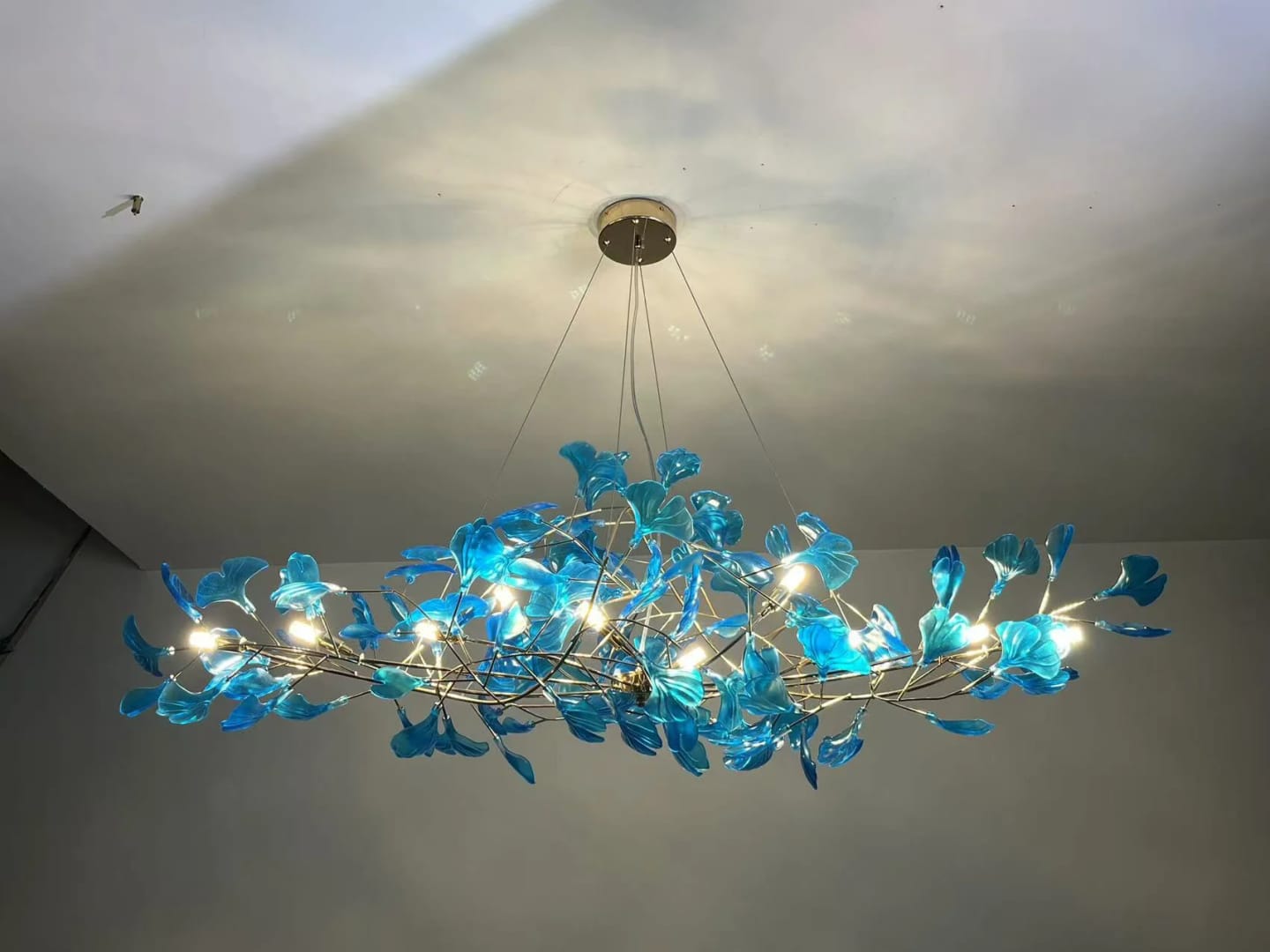Customer photo review of Ginkgo Leaf Chandelier, Acrylic Leaves, Gold or Chrome Frame, G9