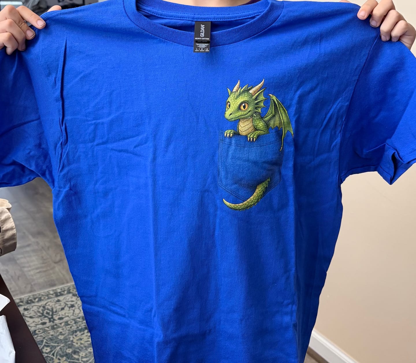 Customer photo review of Green Pocket Dragon Kids' T-Shirt