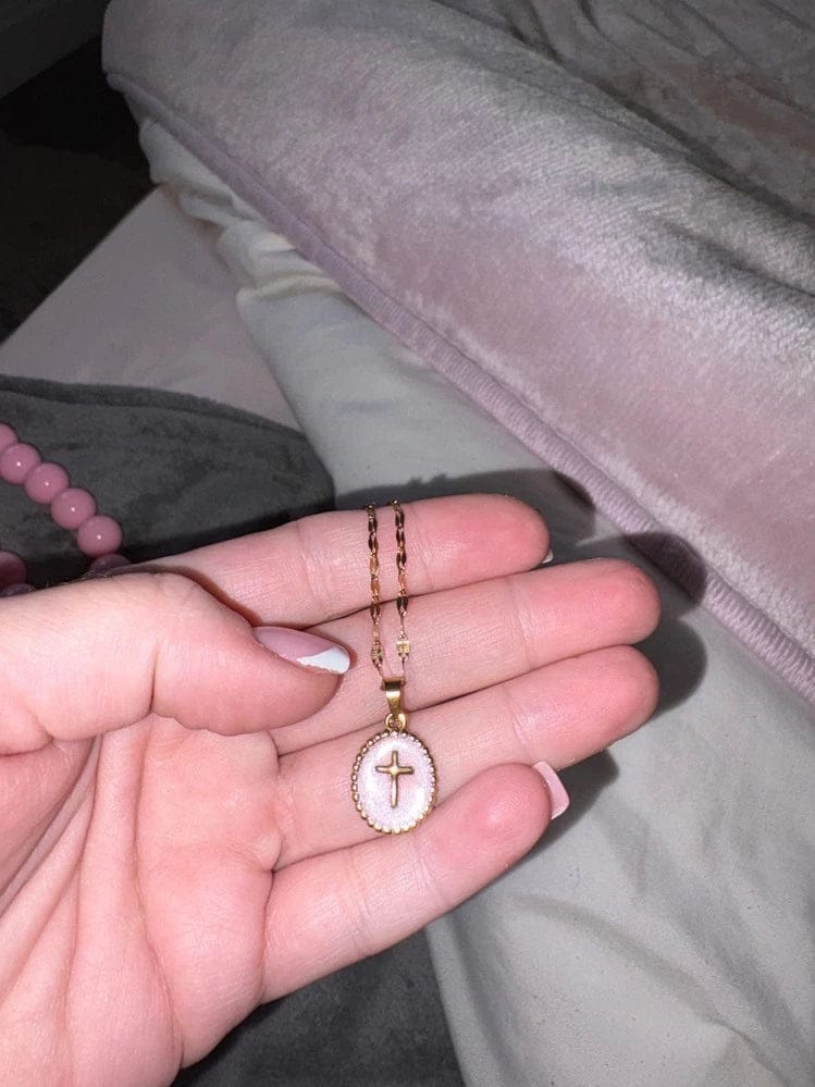 Customer photo review of Pastel Oval Cross Necklace