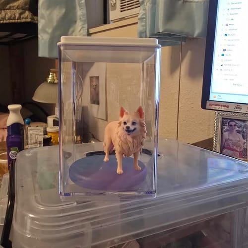 Customer's Dust-Proof Acrylic Display Case on a clear container, holding a miniature dog figurine.