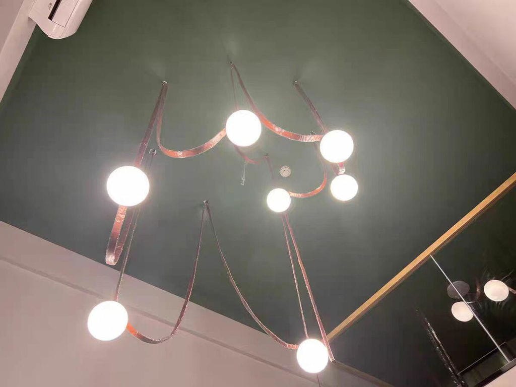Customer photo review of Multiple Belt Art Pendant Light, Leather or Canvas Glass Globe Chandelier