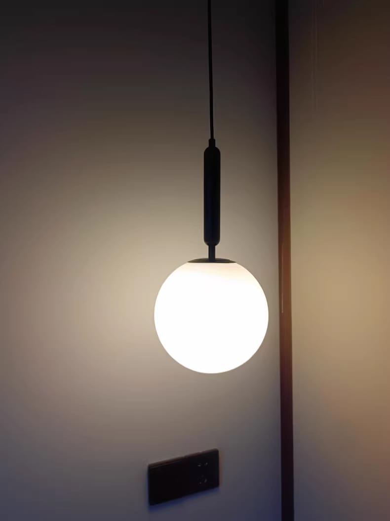 Customer photo review of White Glass Sphere Pendant Light, Brass or Black, 20 cm