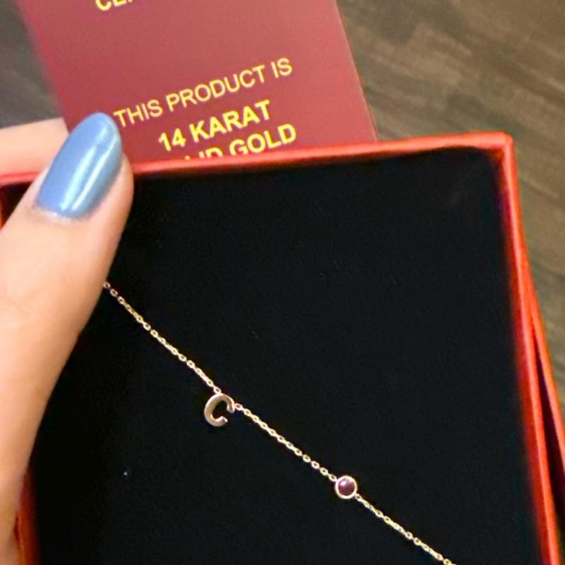 Customer photo review of 14K Gold Birthstone Letter Necklace