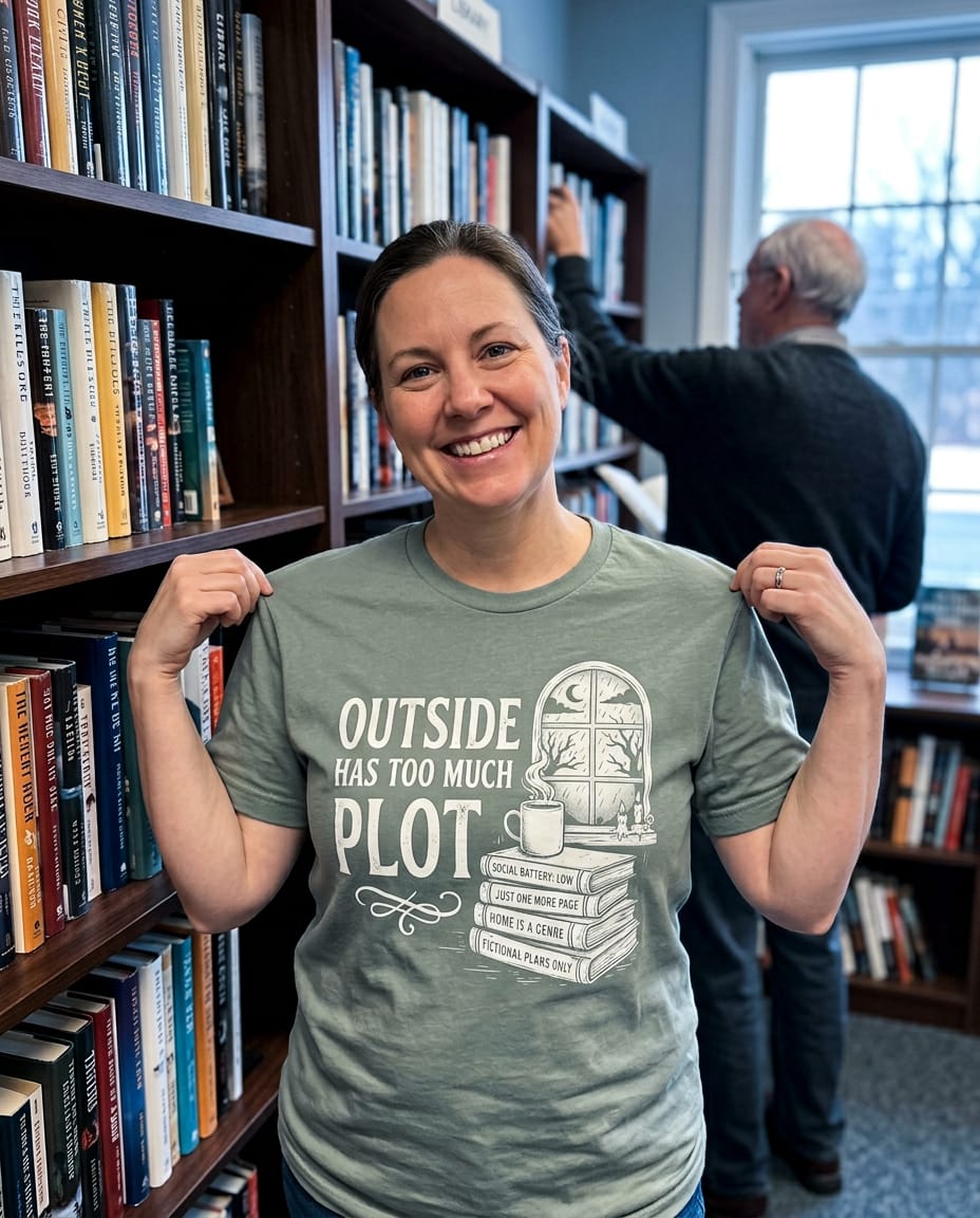 Customer photo review of Outside Has Too Much Plot T-Shirt