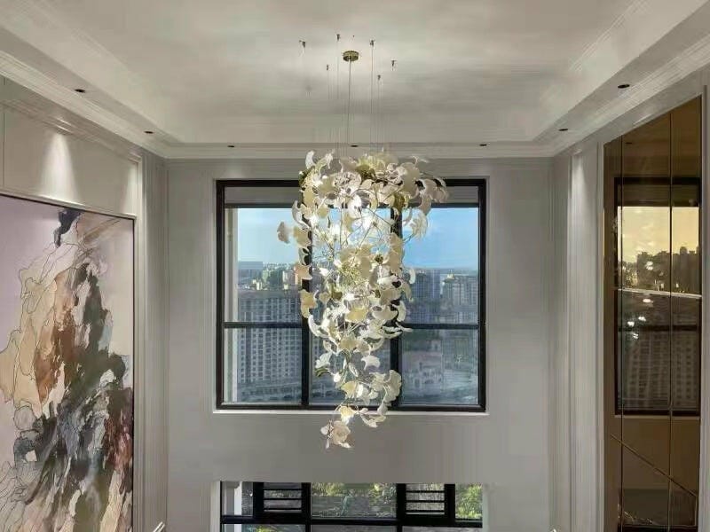 Customer photo review of Gingko Chandelier With Wrapped Porcelain Petals, Brass Column, 4 Sizes