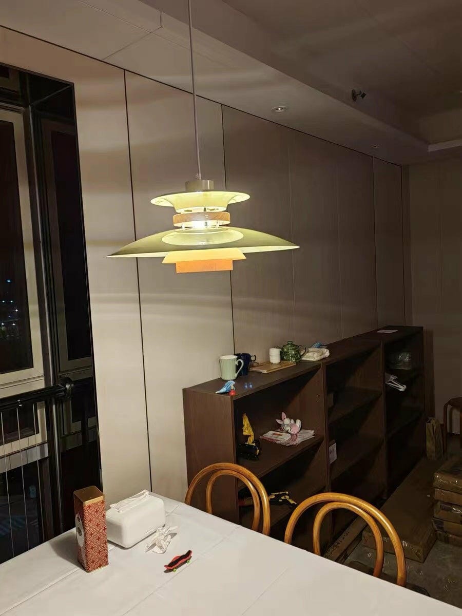 Customer photo review of Pendant Light, Metal Shades on Walnut Rings, 35 cm