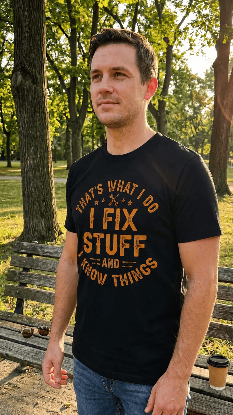Customer photo review of I Fix Stuff And I Know It - Personalized T-shirt For Your Man, Dad, Grandad