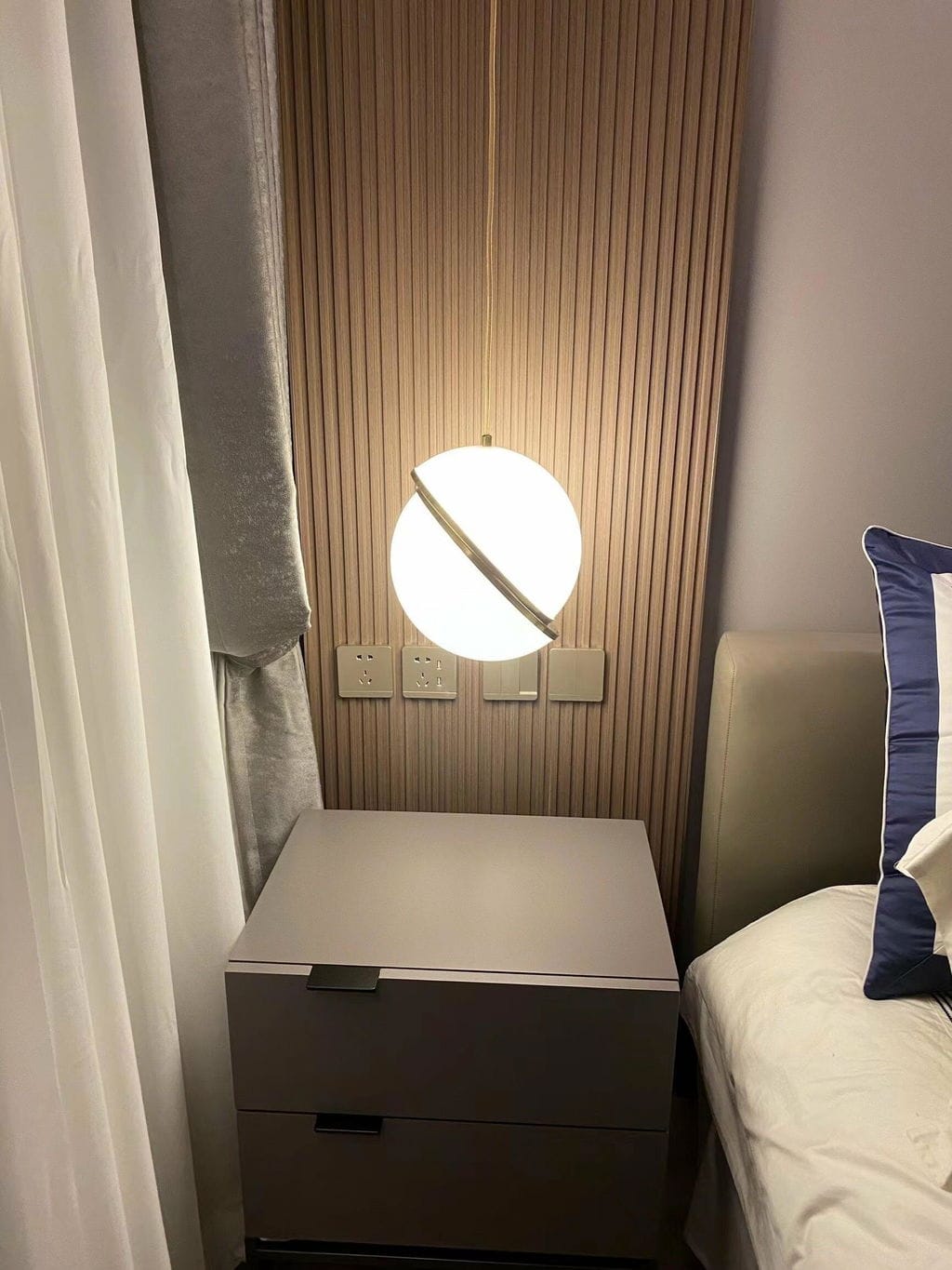 Customer photo review of Crescent Brass Pendant Light, Opal Acrylic Sphere, 20 to 40 cm