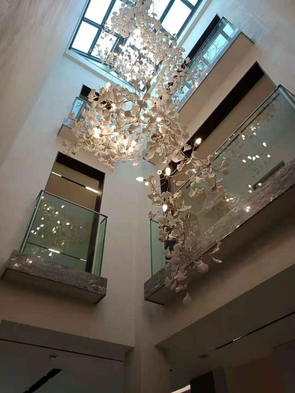 Customer photo review of Gingko Chandelier With Wrapped Porcelain Petals, Brass Column, 4 Sizes