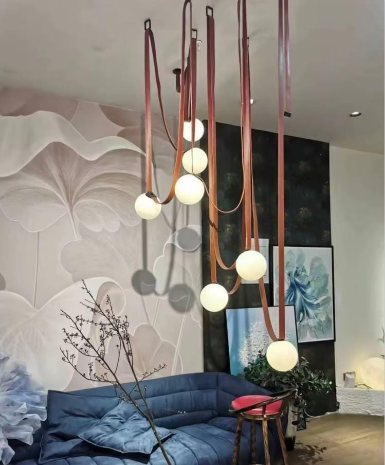 Customer photo review of Multiple Belt Art Pendant Light, Leather or Canvas Glass Globe Chandelier