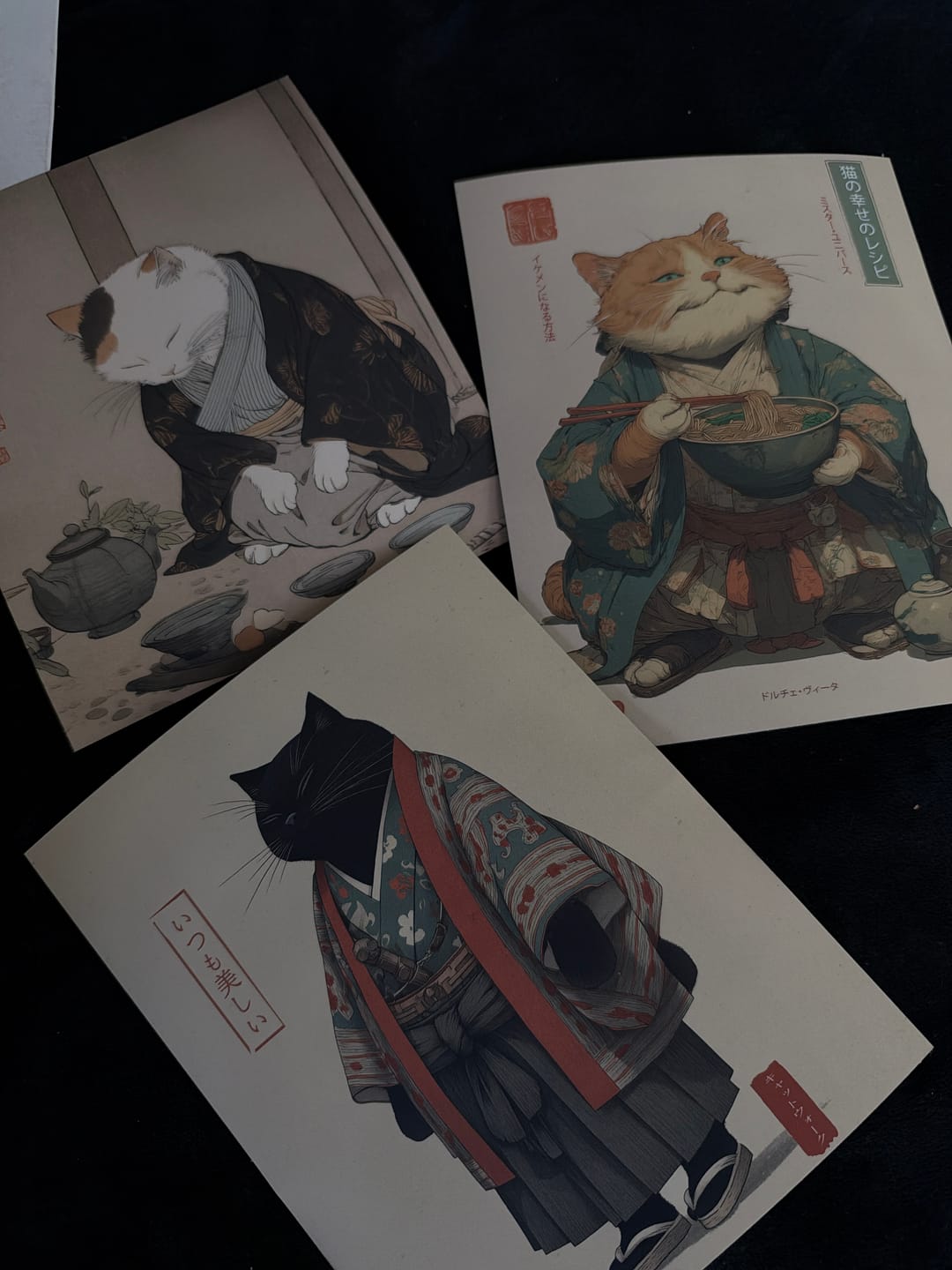 Customer photo review of Japanese Ukiyo-e Style Cat Wall Art Set of 3. Tea Ceremony