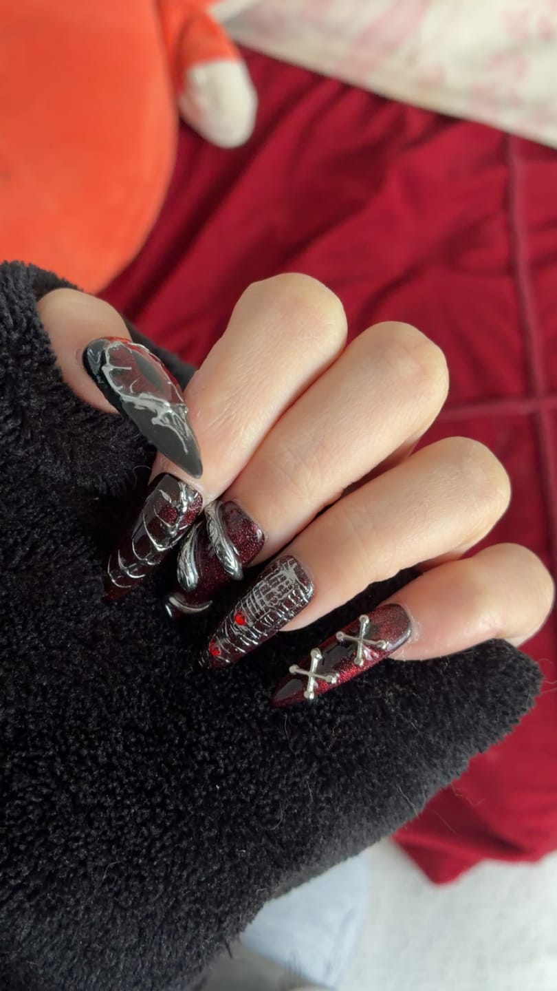 Customer photo review of Devilish Cross Red & Black 3D Press-On Nails