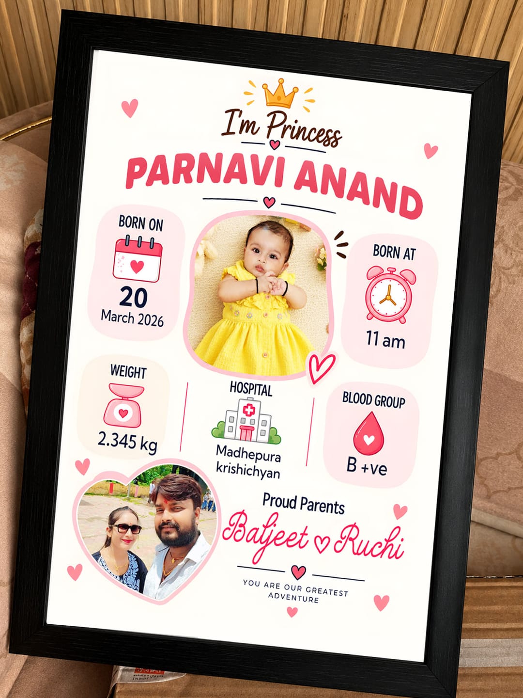 Customer photo review of Personalised Baby Girl Birth Announcement Frame – Newborn Keepsake | KayoBaby