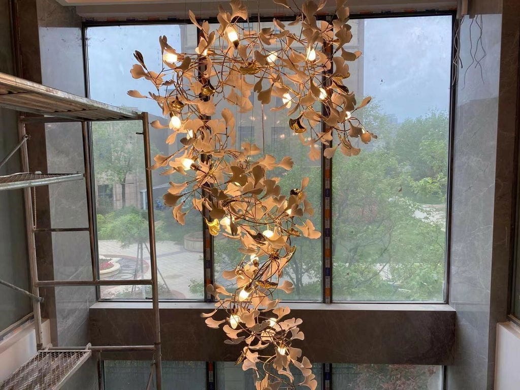 Customer photo review of Gingko Chandelier With Wrapped Porcelain Petals, Brass Column, 4 Sizes