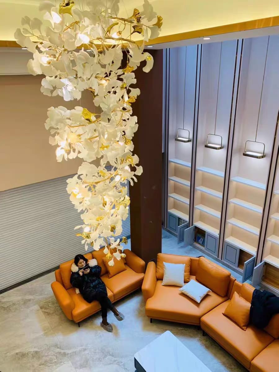 Customer photo review of Gingko Chandelier With Wrapped Porcelain Petals, Brass Column, 4 Sizes