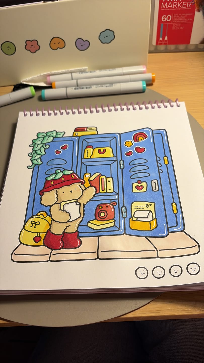 Customer photo review of Ohuhu x Coco Wyo Cozy Mood Coloring Kit, Honolulu B 48 Colors Alcohol Markers with Brush & Fine Dual Tips, Coloring Book with Mood Tracker Pages
