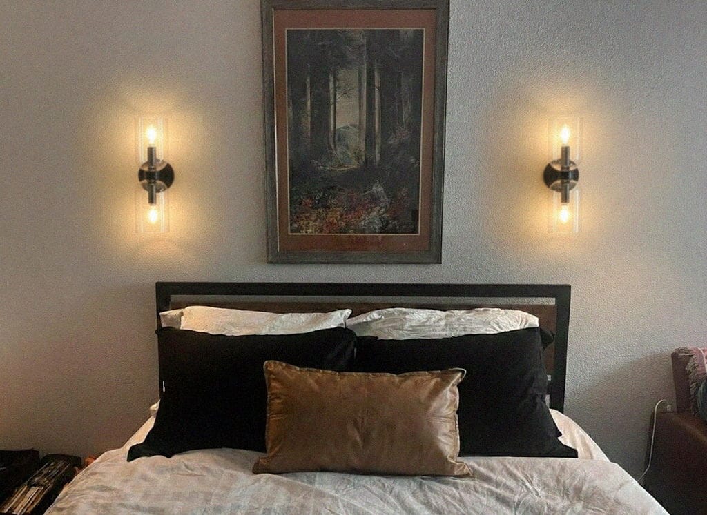 Customer photo review of Wall Light, Two-Light Glass Shades, Gold or Matte Black, Wall Sconce